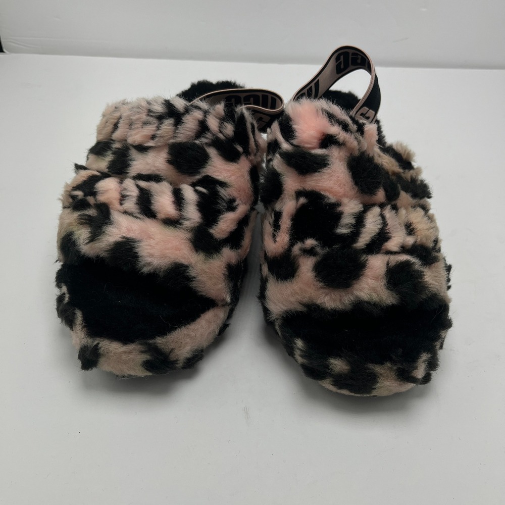 UGG Fluff Yeah Slide Pink Black Leopard Animalia Print Slingback Sandals Sz 6